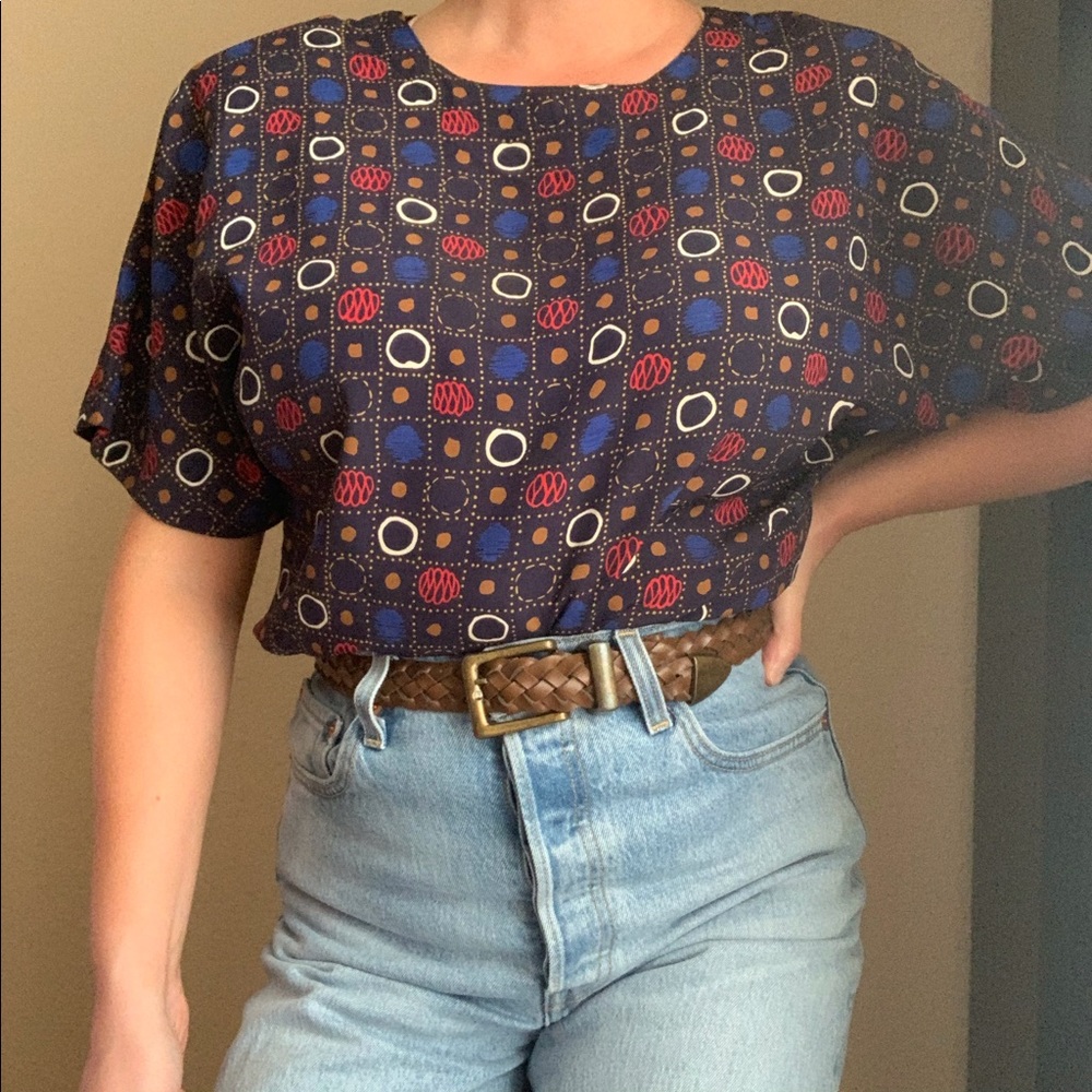 VINTAGE 80s Geometric Pattern Blue Blouse